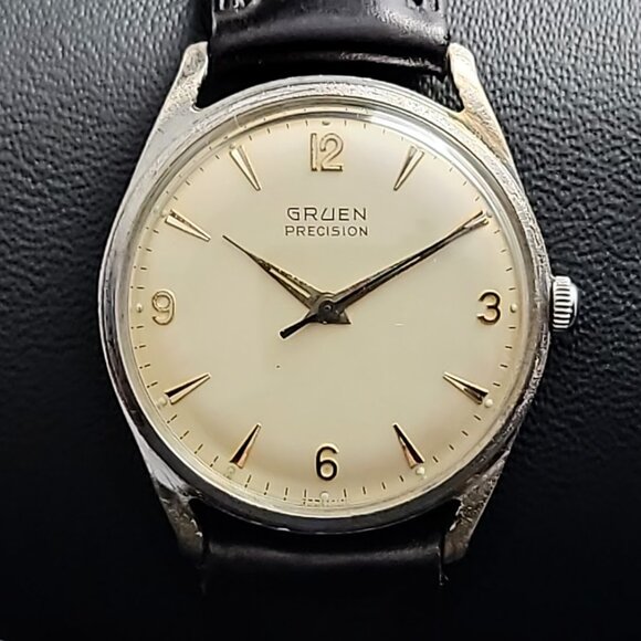Vintage Gruen Precision Men’s Mechanical Watch – Silver Case, Cream Dial - Picture 1 of 6